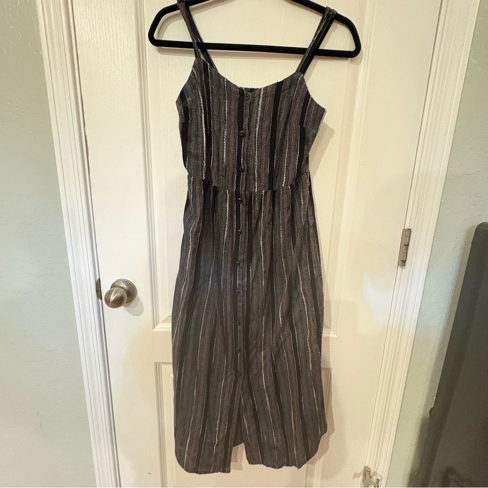Susina Dress Grey Black Pink White Stripes Front Buttons Sleeveless Wide Straps